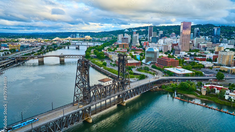 Αυτοκόλλητο Aerial View of Portland Steel Bridge with Moving Train and Cityscape