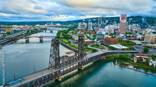 Canvas Print Aerial View of Portland Steel Bridge with Moving Train and Cityscape