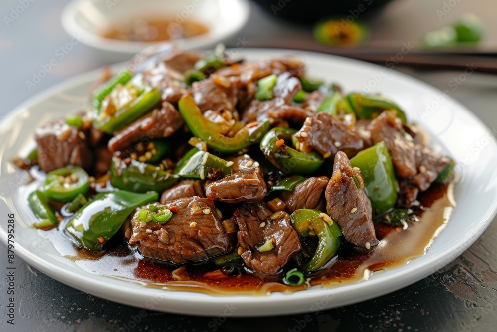 Beef with fried green peppers oyster sauce and soy sauce from Chinese restaurant on white plate Beef with fried green peppers oyster sauce and soy sauce from Chinese restaurant on white plate