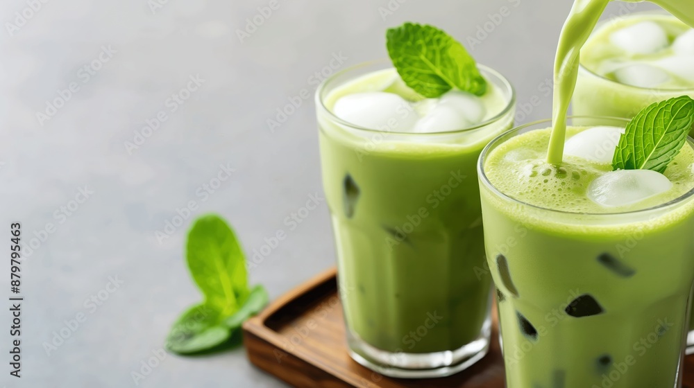 Two glasses of green tea with mint leaves on a wooden tray. One of the glasses is being poured into the other Two glasses of green tea with mint leaves on a wooden tray. One of the glasses is being poured into the other