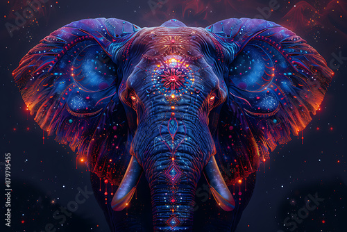 An elephant's head intricately painted in vibrant mandala colors, showcasing detailed patterns and rich hues that highlight the beauty and majesty of the animal