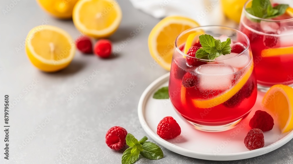 A glass of red drink with raspberries and mint on a white plate. The drink is garnished with a slice of lemon and a sprig of mint A glass of red drink with raspberries and mint on a white plate. The drink is garnished with a slice of lemon and a sprig of mint