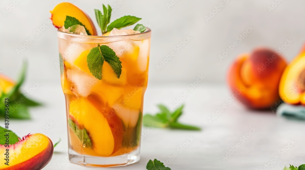 A glass of peach juice with a few slices of peach on the side. The juice is cold and refreshing, perfect for a hot day A glass of peach juice with a few slices of peach on the side. The juice is cold and refreshing, perfect for a hot day