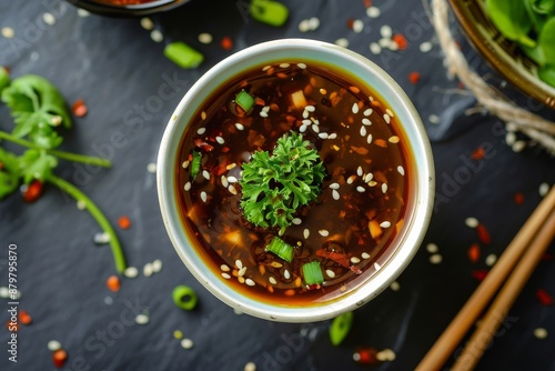 Bird s eye view of tiny dish with spicy teriyaki photo