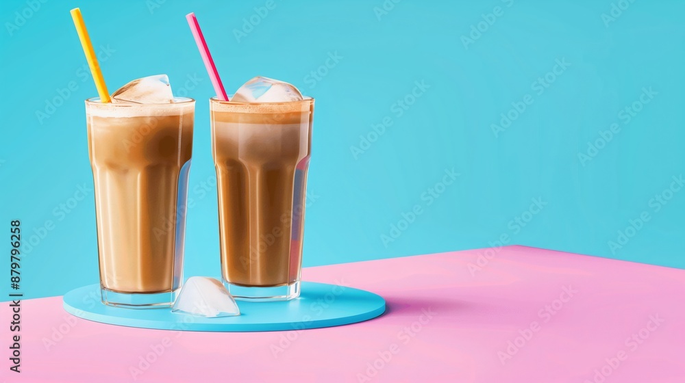 Two glasses of coffee with straws in them on a table. The table is blue and pink Two glasses of coffee with straws in them on a table. The table is blue and pink