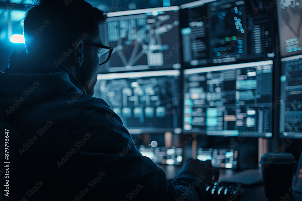 Skilled IT specialist in a dark room dedicated to developing a cutting-edge project aimed at fortifying the protection of customer information within the System Management Center. Skilled IT specialist in a dark room dedicated to developing a cutting-edge project aimed at fortifying the protection of customer information within the System Management Center.