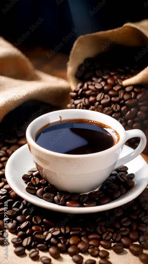 Cup of fresh espresso coffee and steam on coffee beans background, vertical format Cup of fresh espresso coffee and steam on coffee beans background, vertical format