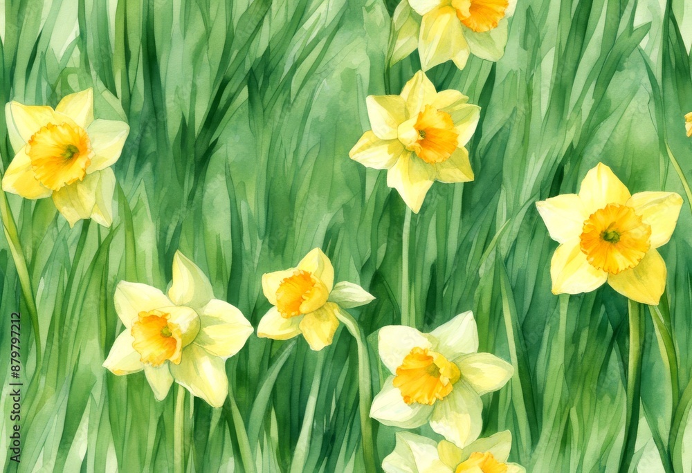 watercolor daffodil flower spring green seamless narcissus daffodils illustration flowers grass bloom yellow border easter watercolor daffodil flower spring green seamless narcissus daffodils illustration flowers grass bloom yellow border easter