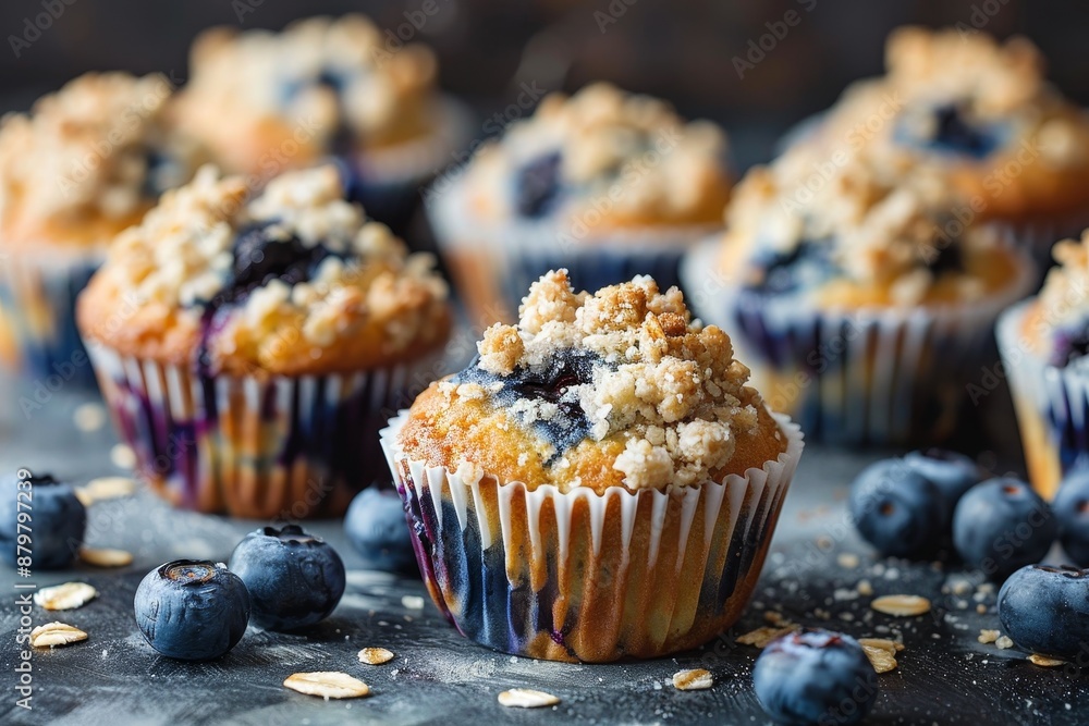 Blueberry muffins with oat crumble topping just baked Blueberry muffins with oat crumble topping just baked