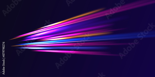 Luminous bright background. High speed effect motion blur night lights blue and red. Cyberpunk light trails in motion or light slow shutter effect.