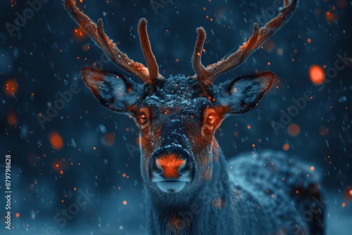 A majestic reindeer with a glowing red nose, on a deep blue background, trending for festive holiday decorations.