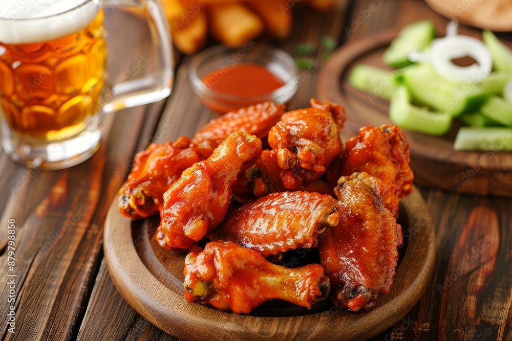 Buffalo wings and beer on rustic wood background Buffalo wings and beer on rustic wood background