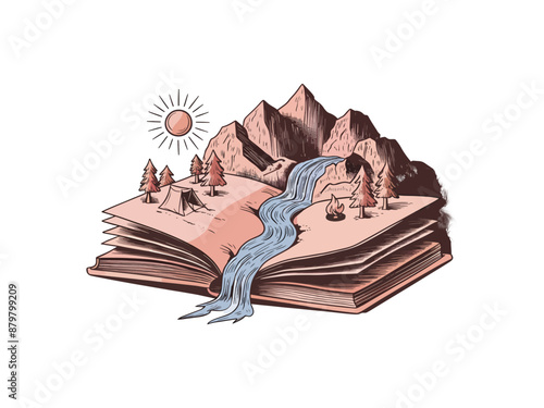 spring nature inside open book, with river and mountain, sketch fantasy story concept