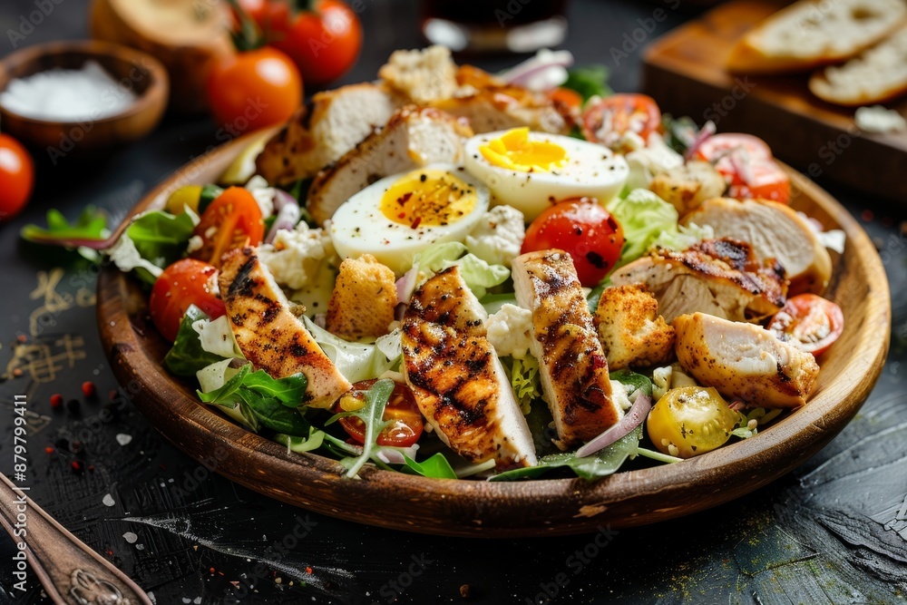 Caesar salad with toppings on wooden plate on rustic table Caesar salad with toppings on wooden plate on rustic table