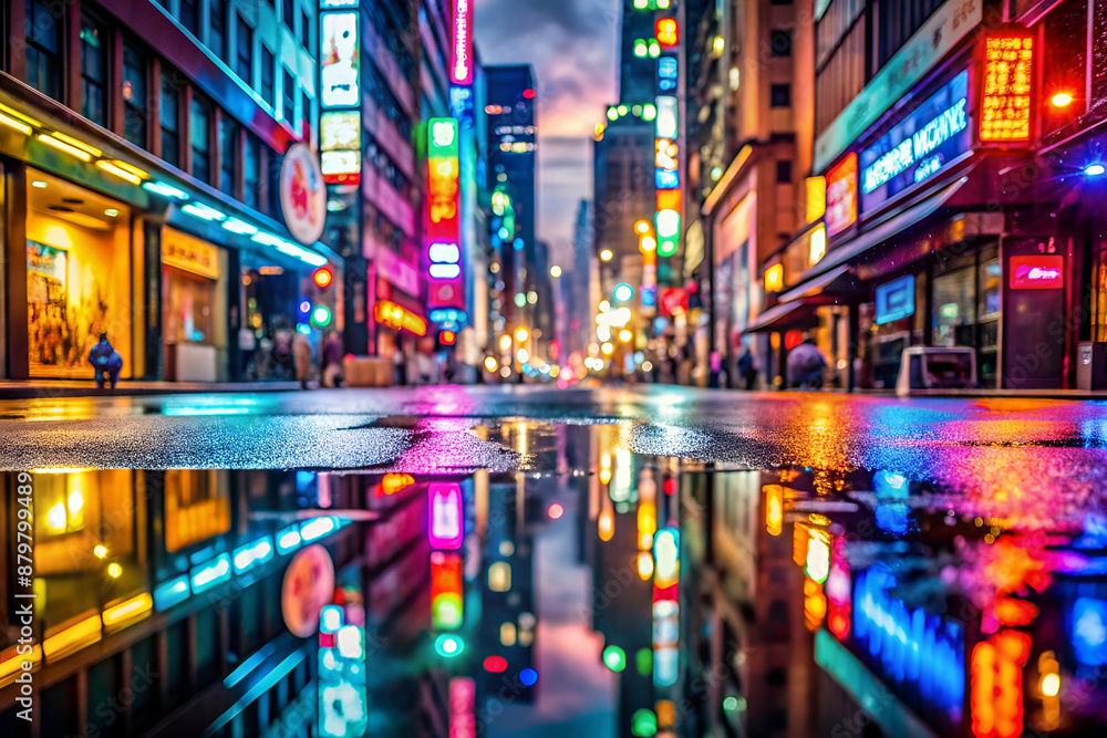 A city street at night with neon signs and reflections of the lights in the water. Scene is lively and energetic, with the bright lights and bustling crowds creating a sense of excitement and movement A city street at night with neon signs and reflections of the lights in the water. Scene is lively and energetic, with the bright lights and bustling crowds creating a sense of excitement and movement
