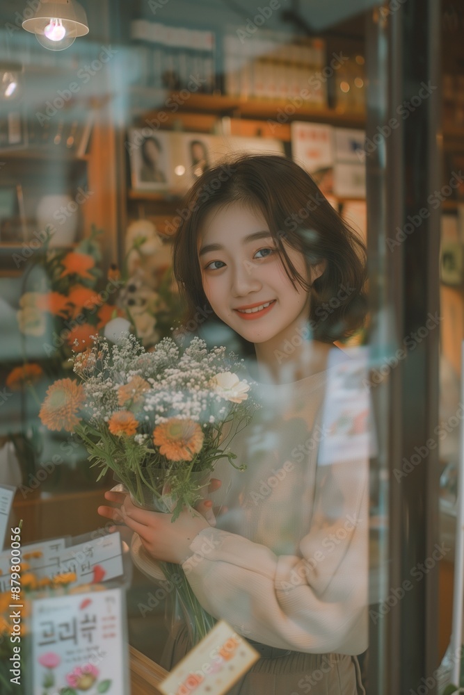A photo of an Asian woman holding flowers, smiling and standing in front of her flower shop with lots of colorful paper notes on the wall behind her. She is wearing a dark grey sweater and light blue A photo of an Asian woman holding flowers, smiling and standing in front of her flower shop with lots of colorful paper notes on the wall behind her. She is wearing a dark grey sweater and light blue
