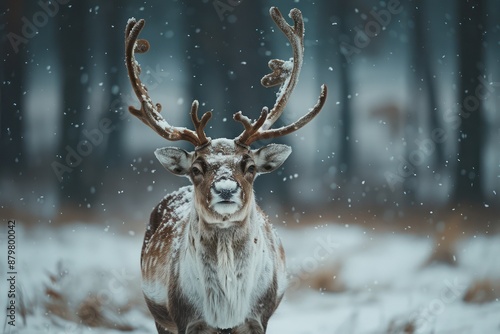 A realistic reindeer in a snowy forest, set against a dark brown background, ideal for a dramatic holiday atmosphere.