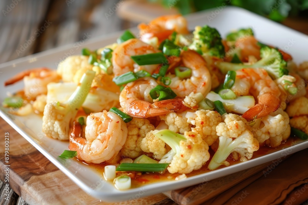 Cauliflower and shrimp stir fried with oyster sauce on white plate Cauliflower and shrimp stir fried with oyster sauce on white plate