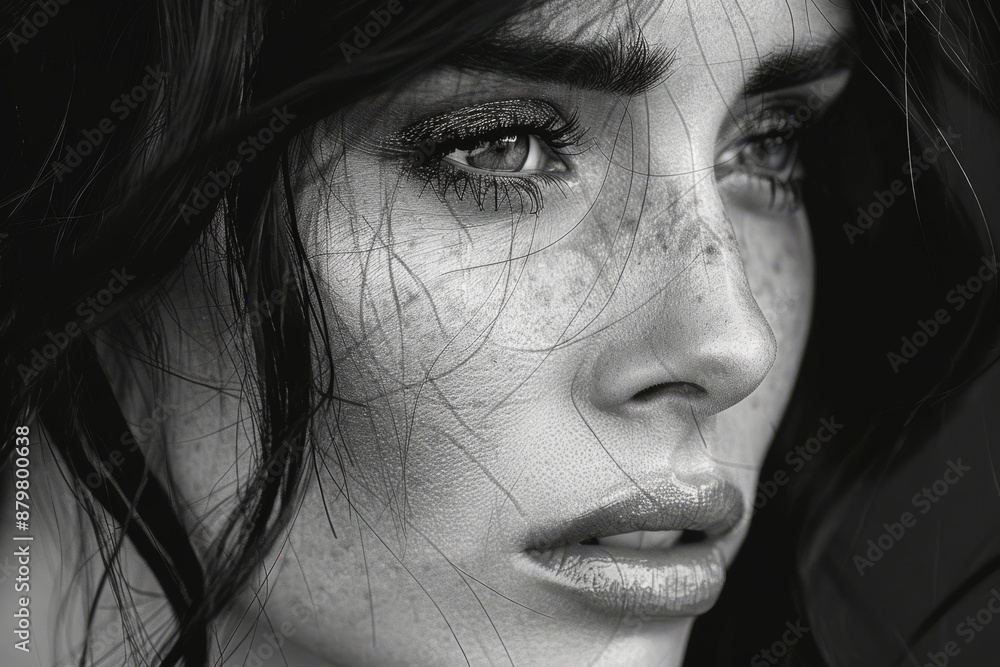 Closeup Portrait of a Woman With Freckles and Dark Hair Looking Away Closeup Portrait of a Woman With Freckles and Dark Hair Looking Away