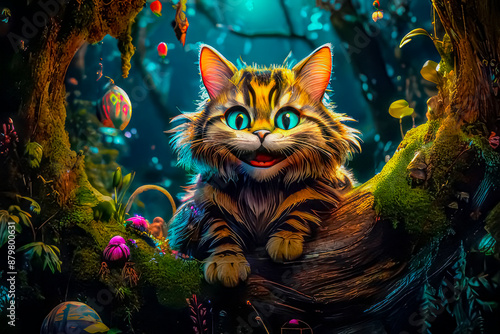 Cheshire Mysterious cat in the forest. Fantasy illustration