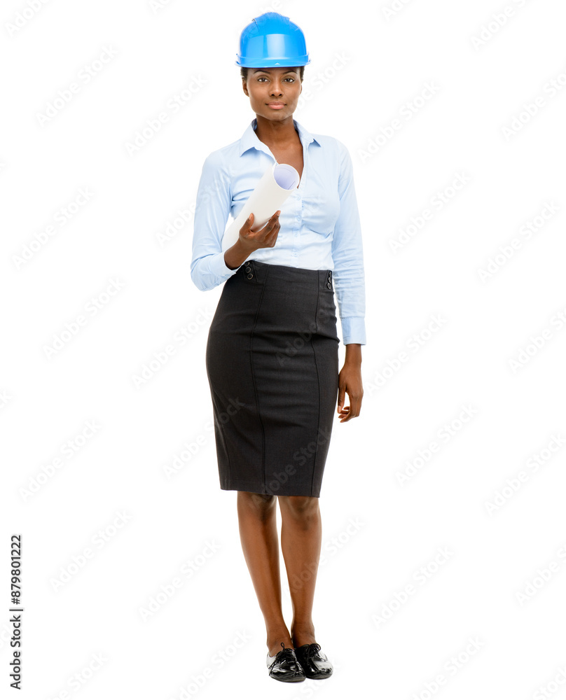 Construction, woman and portrait with blueprint in studio for industrial project, building development or helmet. Architect, black person or serious with floor plan on white background for inspection Construction, woman and portrait with blueprint in studio for industrial project, building development or helmet. Architect, black person or serious with floor plan on white background for inspection