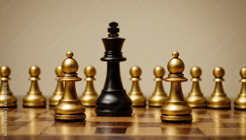 Gold chess pieces surround a black king in the center of the chessboard Gold chess pieces surround a black king in the center of the chessboard