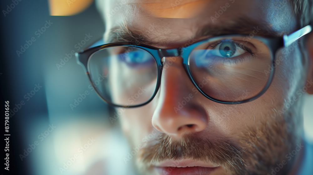 close-up of a man wearing glasses, focusing intently on a screen, with a blurred background in an office setting. close-up of a man wearing glasses, focusing intently on a screen, with a blurred background in an office setting.