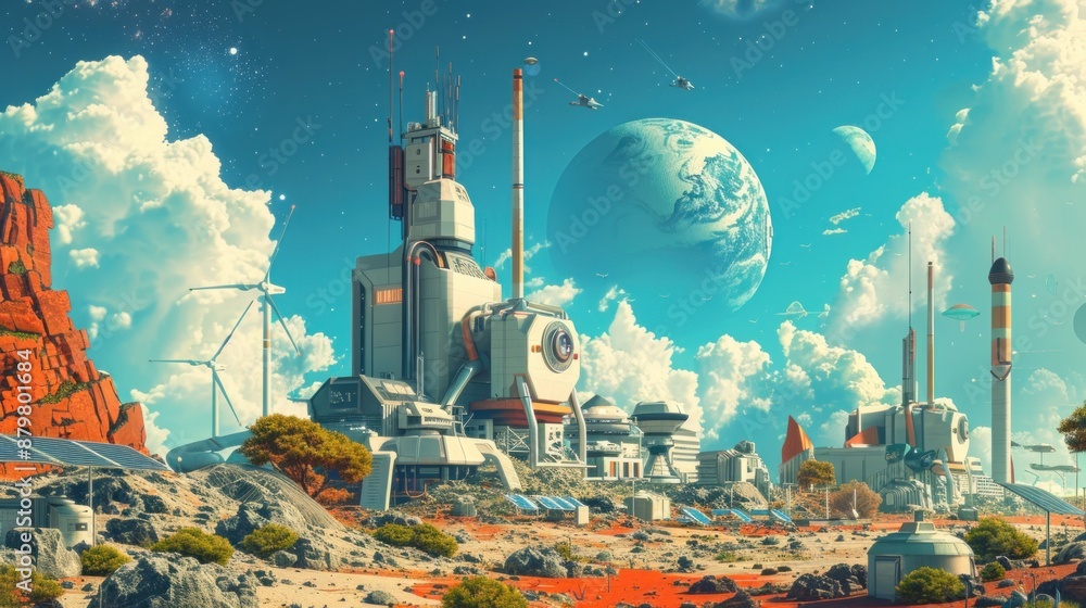 Obraz premium Futuristic energy farm, solar panels, wind turbines, energy storage, eco-friendly.