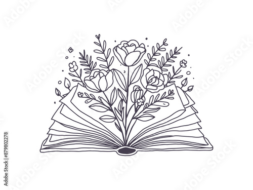 Line Art open book with flowers and roses emerging from اts pages