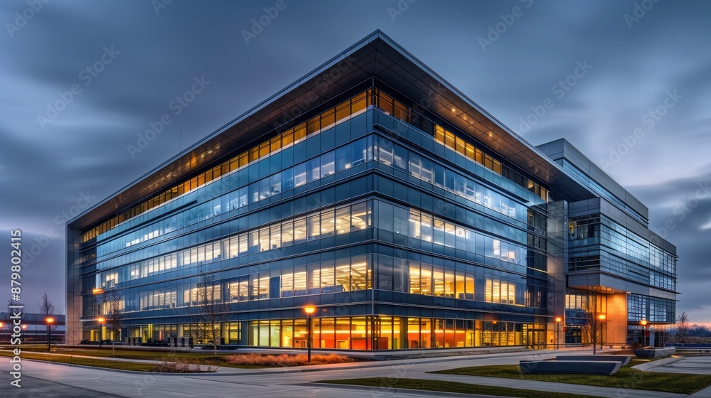 A contemporary corporate office building featuring a seamless blend of glass and steel, highlighted by sharp, modern lines and architectural lighting. A contemporary corporate office building featuring a seamless blend of glass and steel, highlighted by sharp, modern lines and architectural lighting.