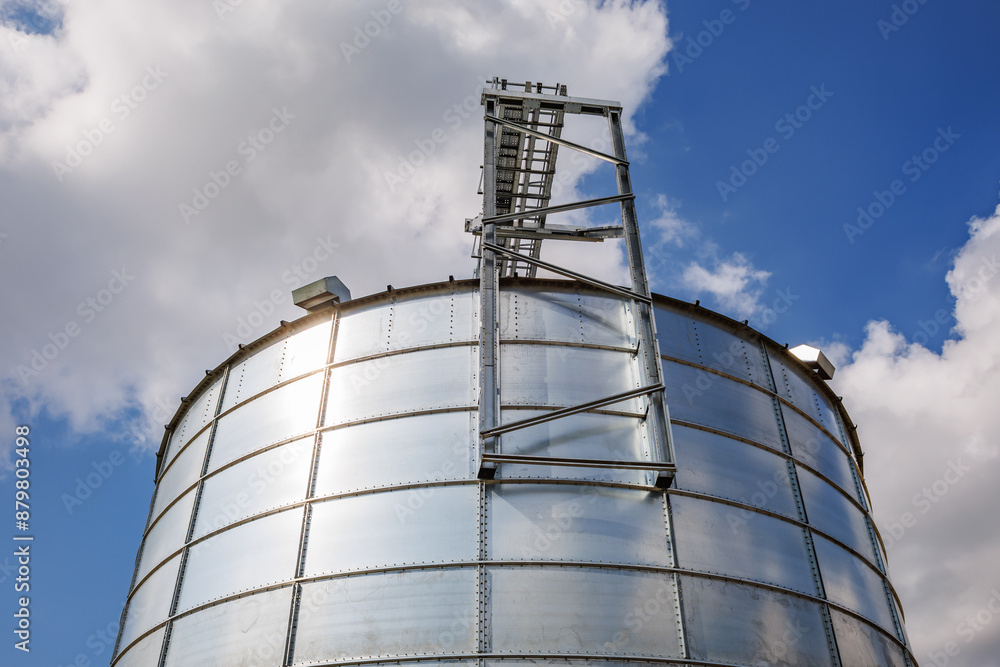 silos on agro-industrial complex with seed cleaning and drying line for grain storage. Granary elevator silos on agro-industrial complex with seed cleaning and drying line for grain storage. Granary elevator
