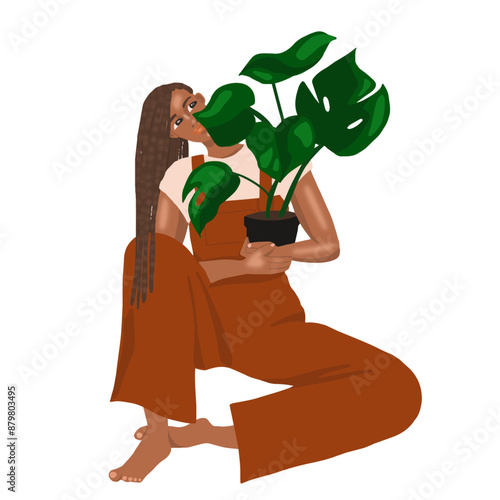 femme noire plante dans les bras sourire tresses salopette assise vecteur