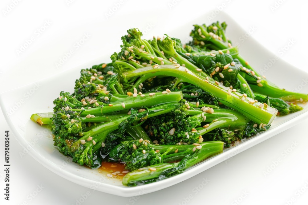 Chinese broccoli stir fried with oyster sauce on a white background Chinese broccoli stir fried with oyster sauce on a white background