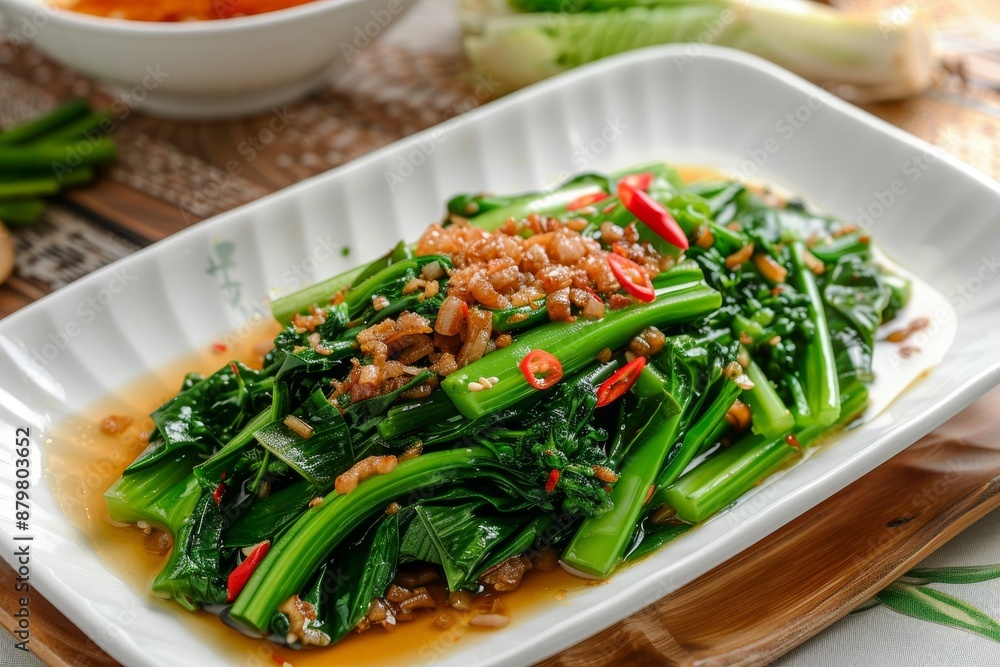 Chinese broccoli stir fried with salted fish and oyster sauce on plate Chinese broccoli stir fried with salted fish and oyster sauce on plate