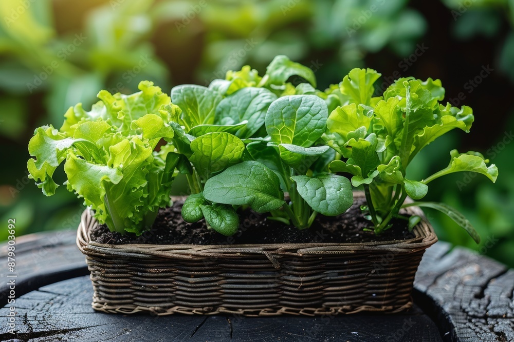 Freshly Planted Green Leafy Vegetables in a Wicker Basket on a Wooden Surface Freshly Planted Green Leafy Vegetables in a Wicker Basket on a Wooden Surface