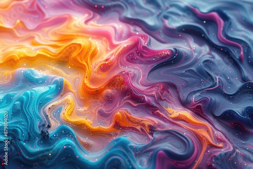 Abstract Fluid art background with vibrant swirling colors.