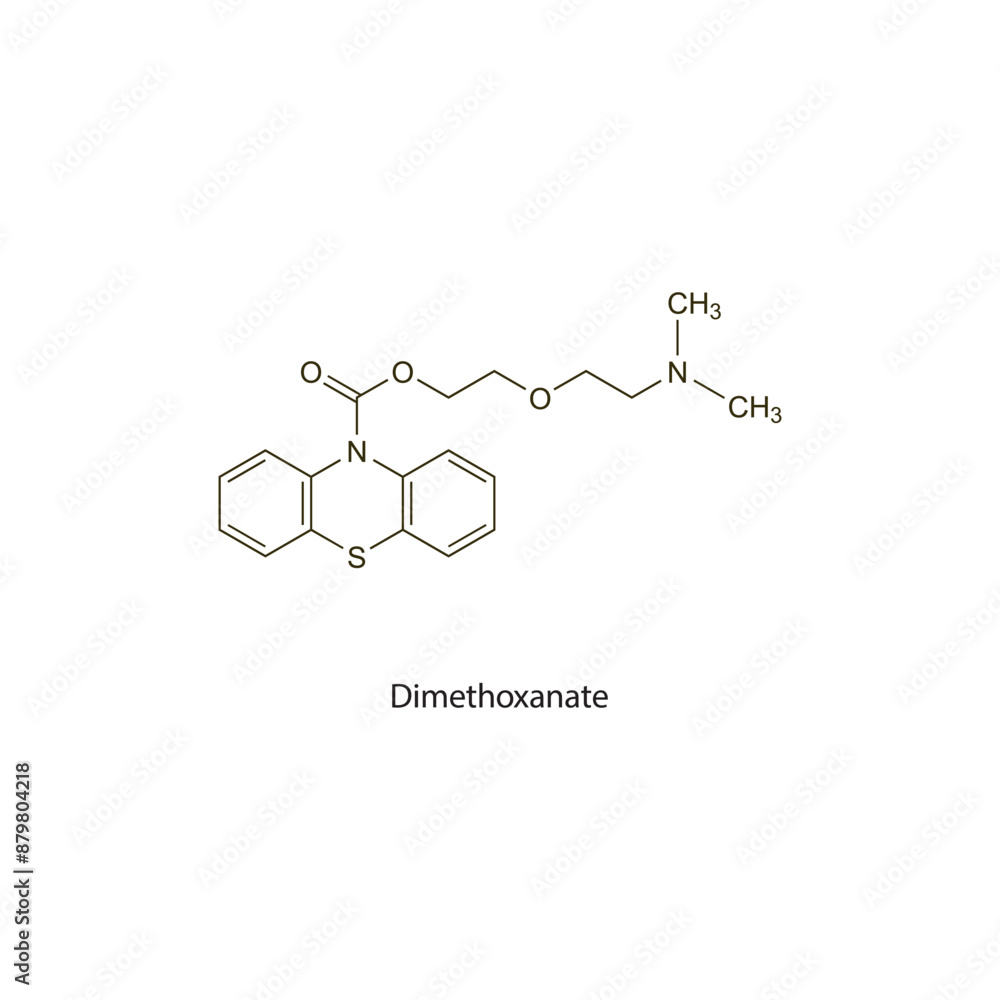 Dimethoxanate flat skeletal molecular structure Antitussive drug used in cough treatment. Vector illustration scientific diagram. Dimethoxanate flat skeletal molecular structure Antitussive drug used in cough treatment. Vector illustration scientific diagram.