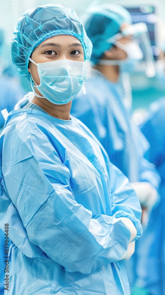 Female surgeon in scrubs looking at the camera. Female surgeon in scrubs looking at the camera.