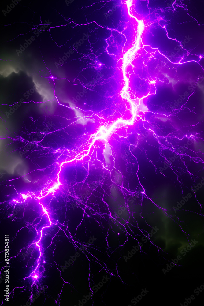Bright purple lightning bolt on a black stormy sky, electric lighting design Bright purple lightning bolt on a black stormy sky, electric lighting design