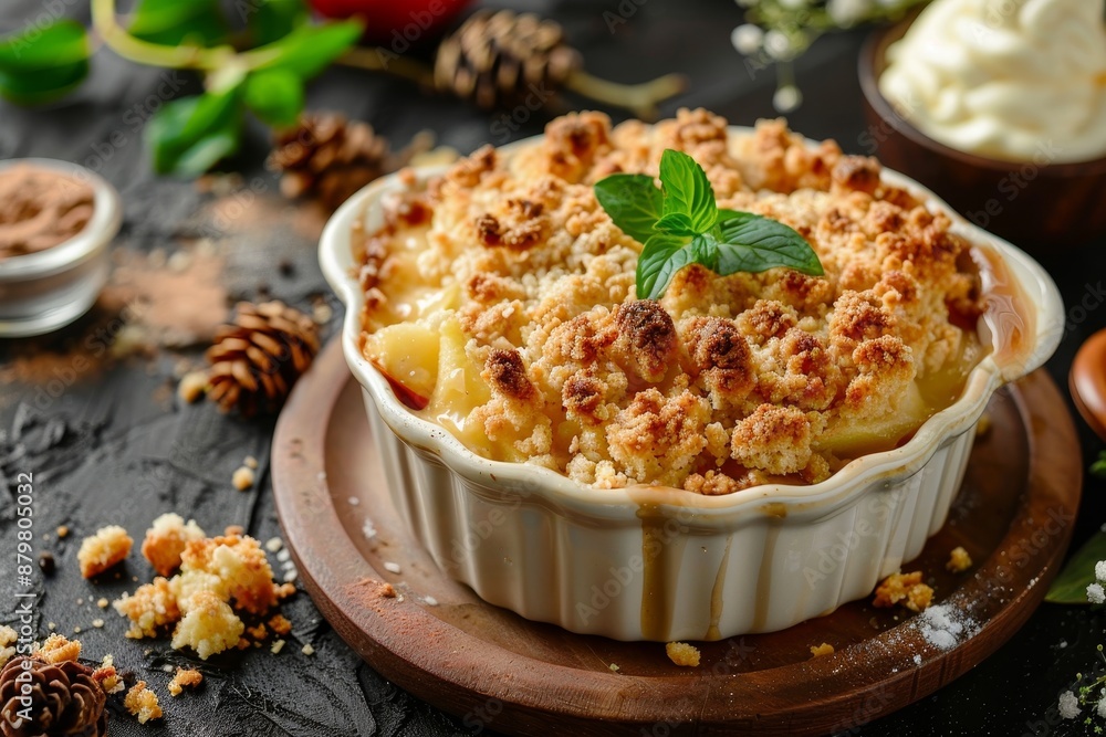 Classic apple crumble with custard mint focus on selective Autumn baking idea Classic apple crumble with custard mint focus on selective Autumn baking idea