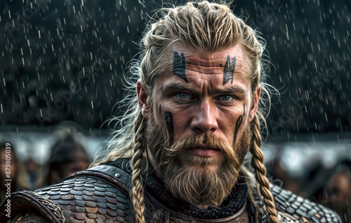 Portrait of a male viking warrior with warpaint on face - Generative AI
