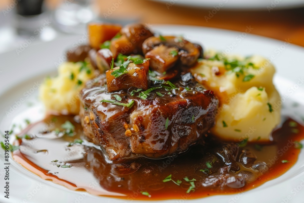 Classic German pork cheeks in brown sauce with mushrooms and mashed potatoes on a modern plate Classic German pork cheeks in brown sauce with mushrooms and mashed potatoes on a modern plate