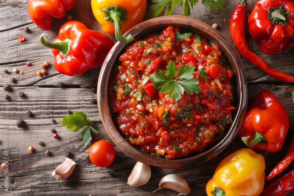 Close up horizontal view of garlic peppers ajvar on table Close up horizontal view of garlic peppers ajvar on table