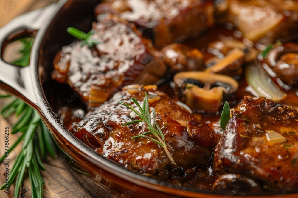 Close up image of traditional German pork cheeks braised in red wine sauce with mushrooms and onions in a casserole dish Close up image of traditional German pork cheeks braised in red wine sauce with mushrooms and onions in a casserole dish