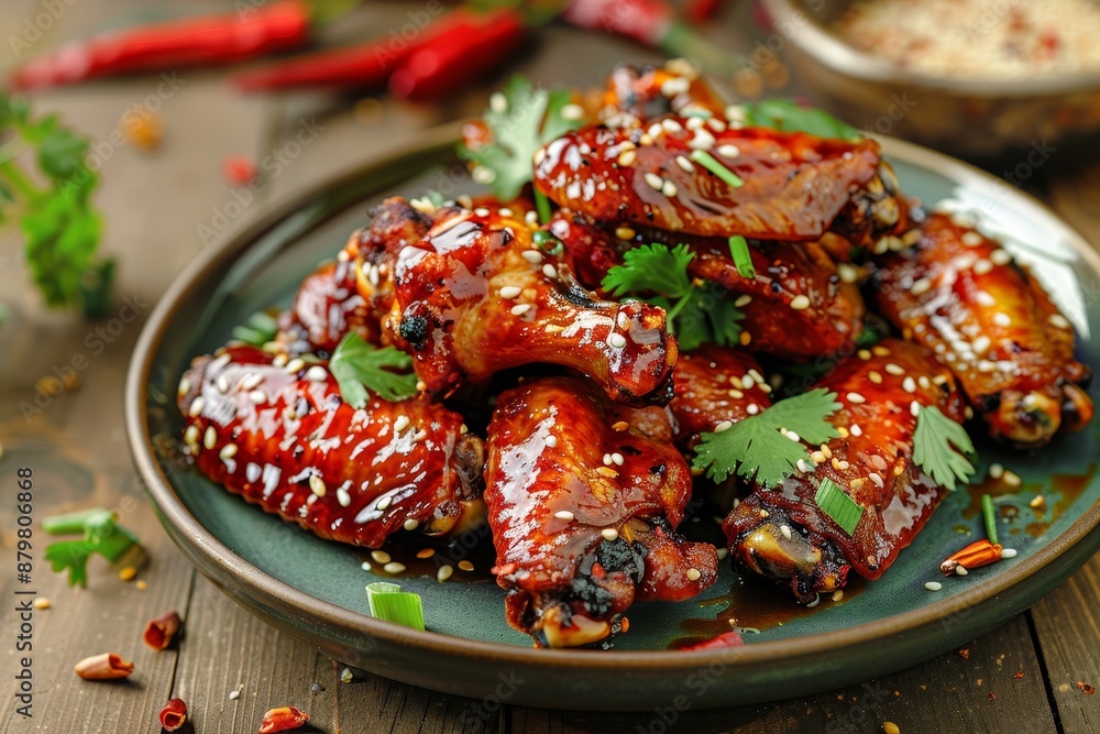 Close up of Chinese chicken wings stir fried in sweet spicy Hoisin sauce with sesame on a plate Close up of Chinese chicken wings stir fried in sweet spicy Hoisin sauce with sesame on a plate