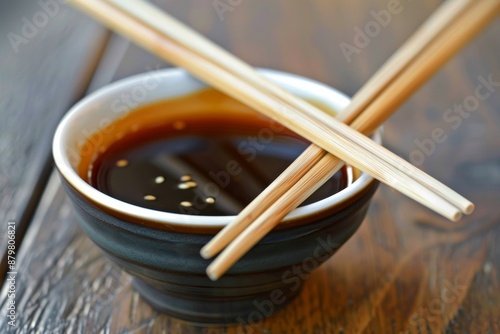 Close up of chopsticks with Asian sauce bowl