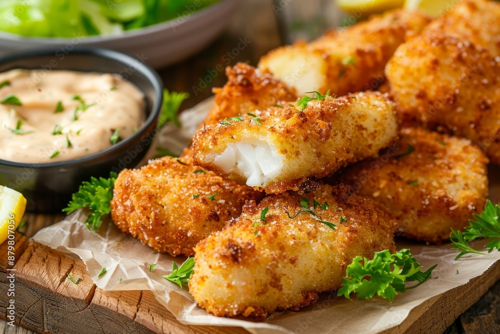 Close up of deep fried fish fingers with remoulade sauce and lemon on rustic wood table Close up of deep fried fish fingers with remoulade sauce and lemon on rustic wood table