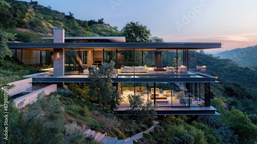 A contemporary hillside home with a cantilevered design, large glass panels, and panoramic views of the valley below.