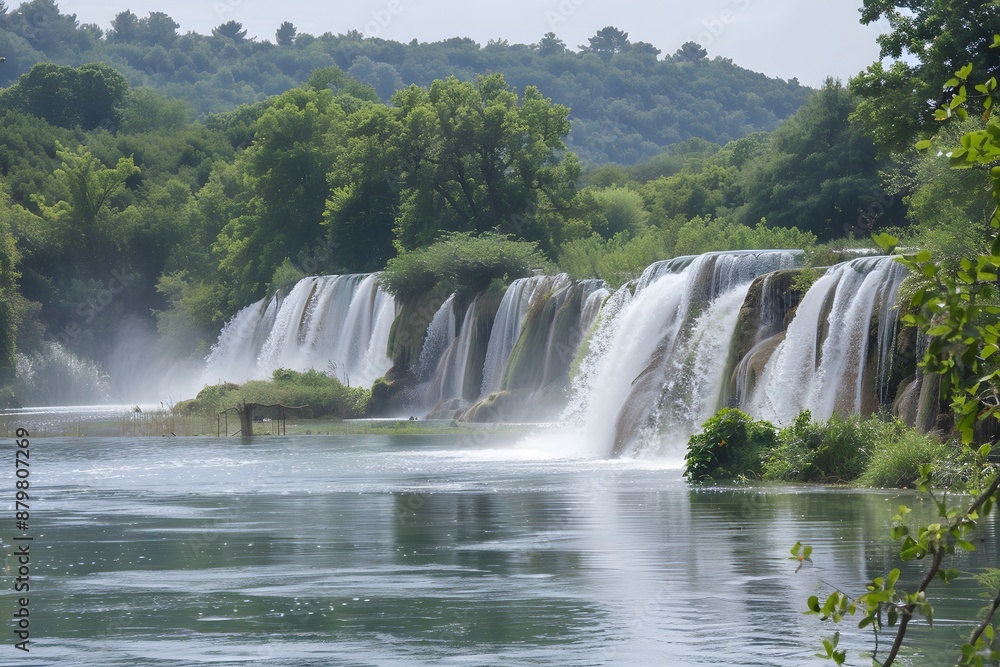 Obraz premium Serene view of cascading waterfalls flowing into a tranquil river surrounded by lush greenery.