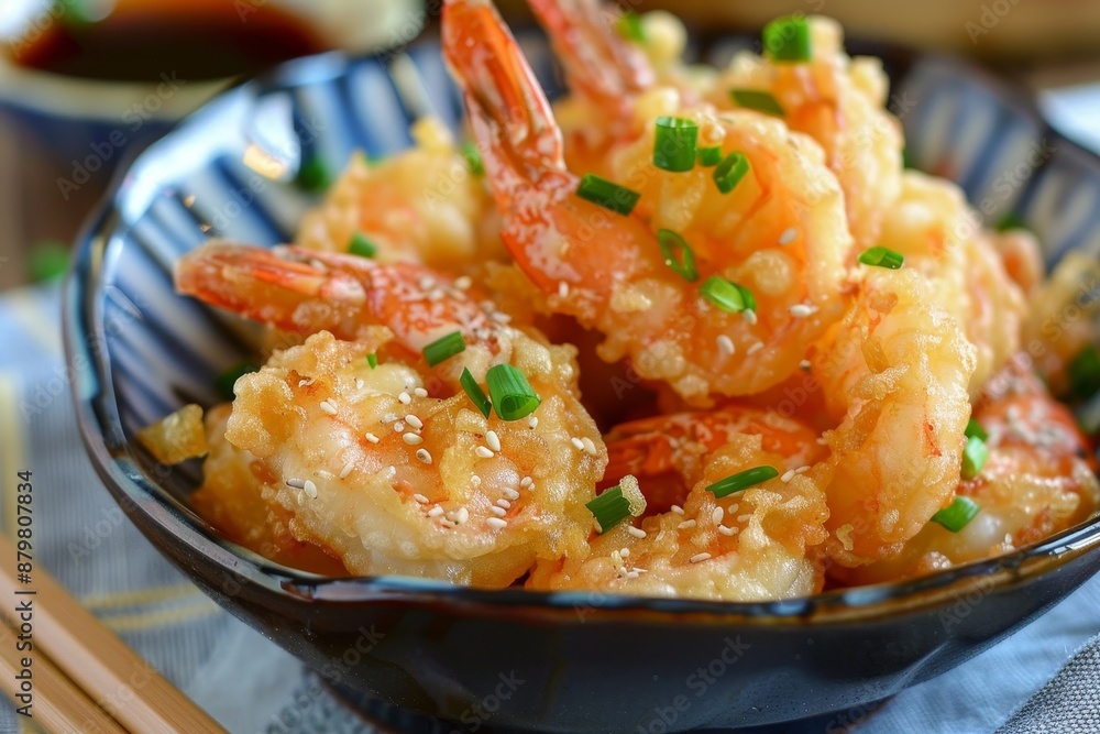 Close up of Japanese shrimp tempura with ginger ponzu sauce Close up of Japanese shrimp tempura with ginger ponzu sauce